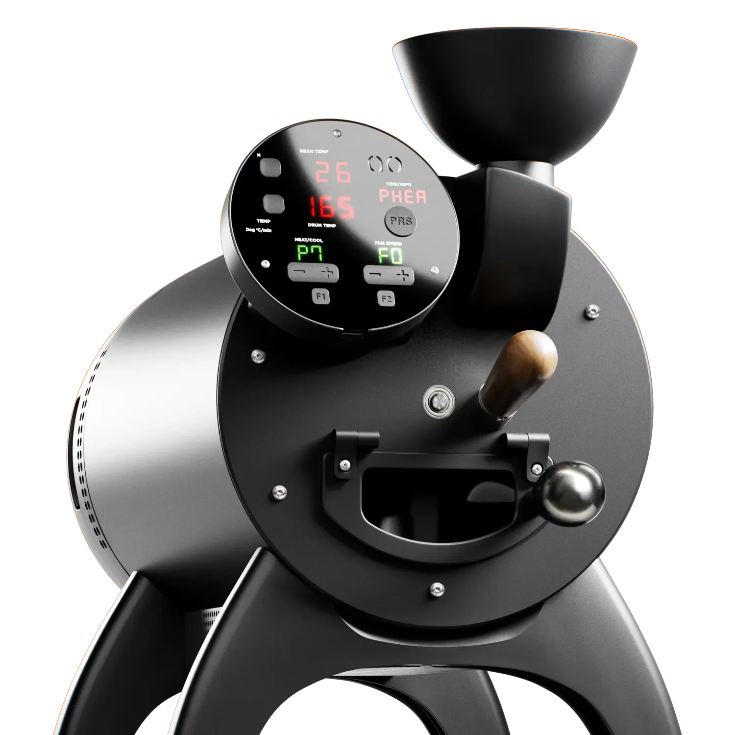 Bullet R2 Pro front view black coffee roaster display showing digital screen with temperature and settings