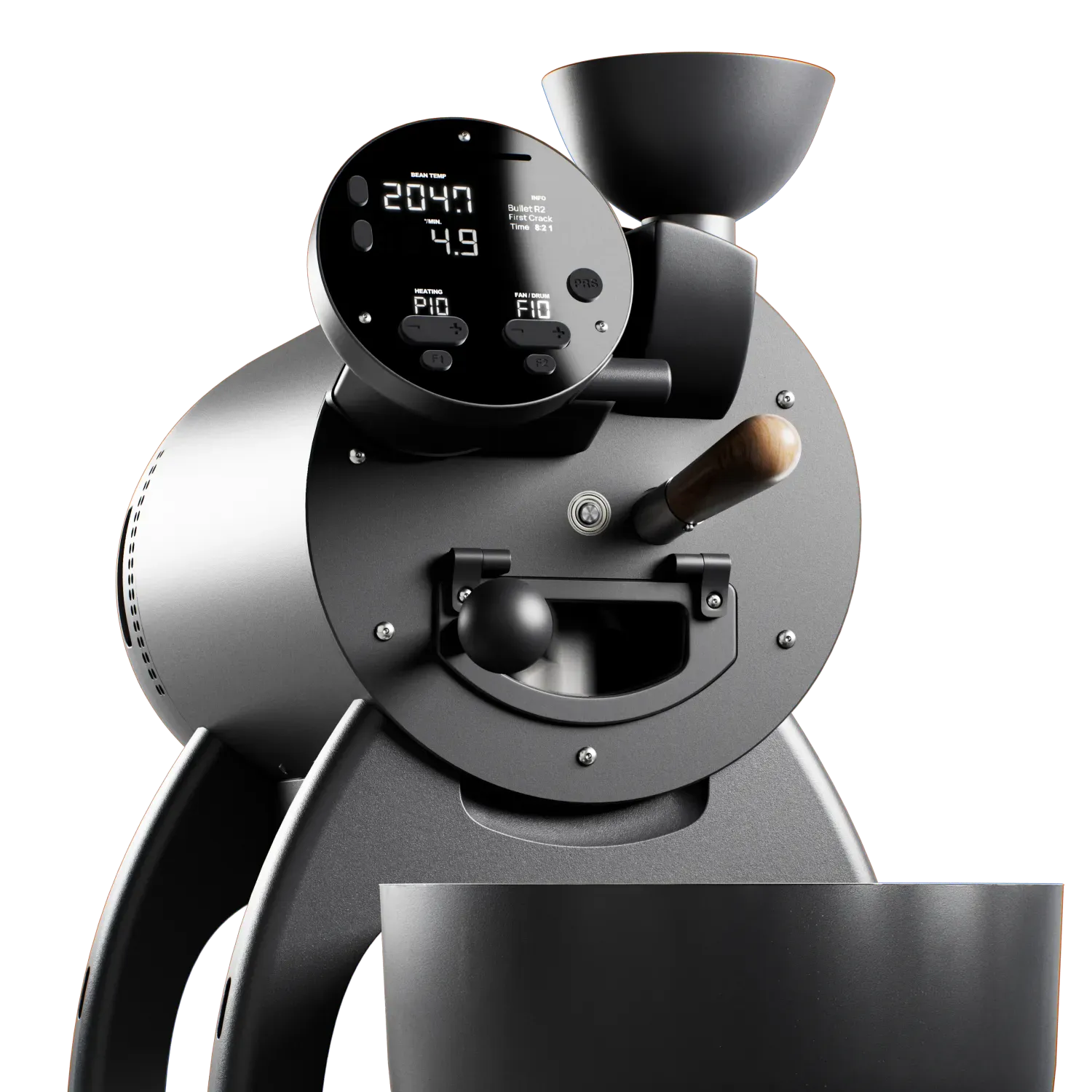 Bullet R2 Pro front view black coffee roaster display showing digital screen with temperature and settings